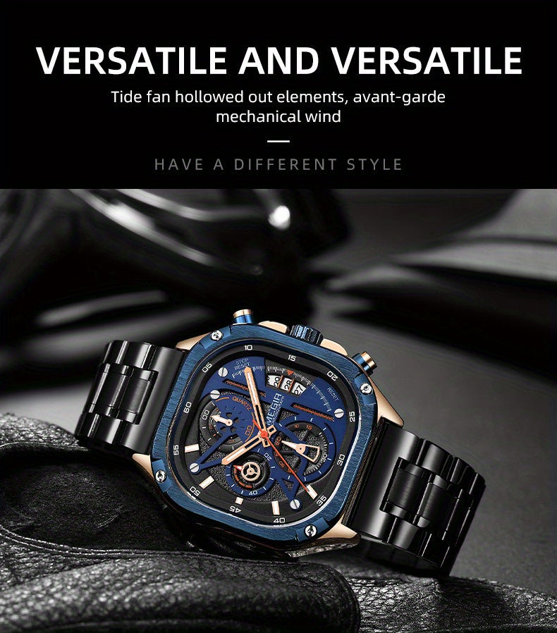 MEGIR Black Quartz Watch Men Square Dial Wristwatch with Chronograph Stainless Steel Strap Luminous Hands Auto Date