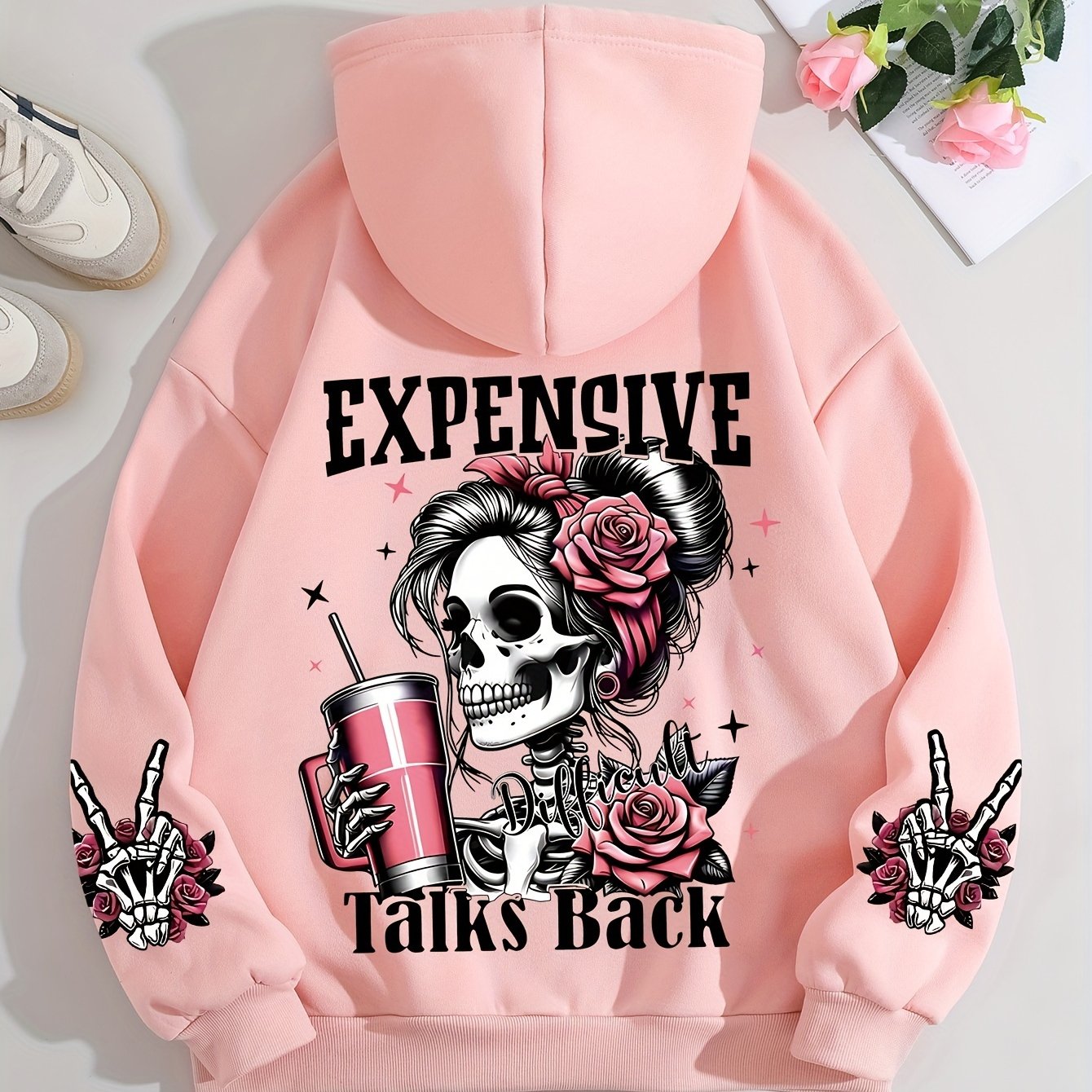 Ladies Fashion Hoodie: Relaxed Style, Polyester Material, Knit Fabric, All Seasons, No Detail, Letter Pattern