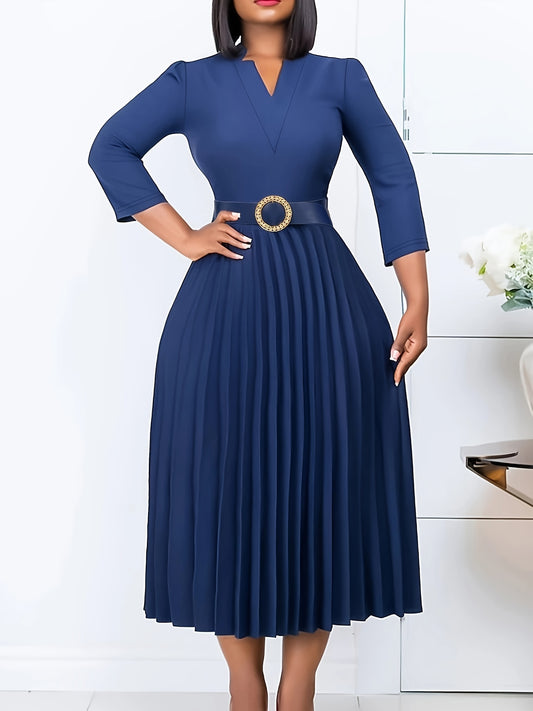 Elegant Solid Color V-Neck Pleated Dress with Belt - 3/4 Sleeve, Stretch Fabric, Machine Washable - Perfect for Spring/Summer/Fall