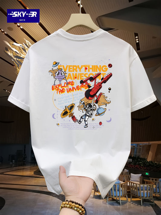 Men's Loose 100% Cotton Astronaut Graphic Print T-shirt, Casual Short Sleeve Crew Neck Tee, Men's Clothing For Summer Outdoor