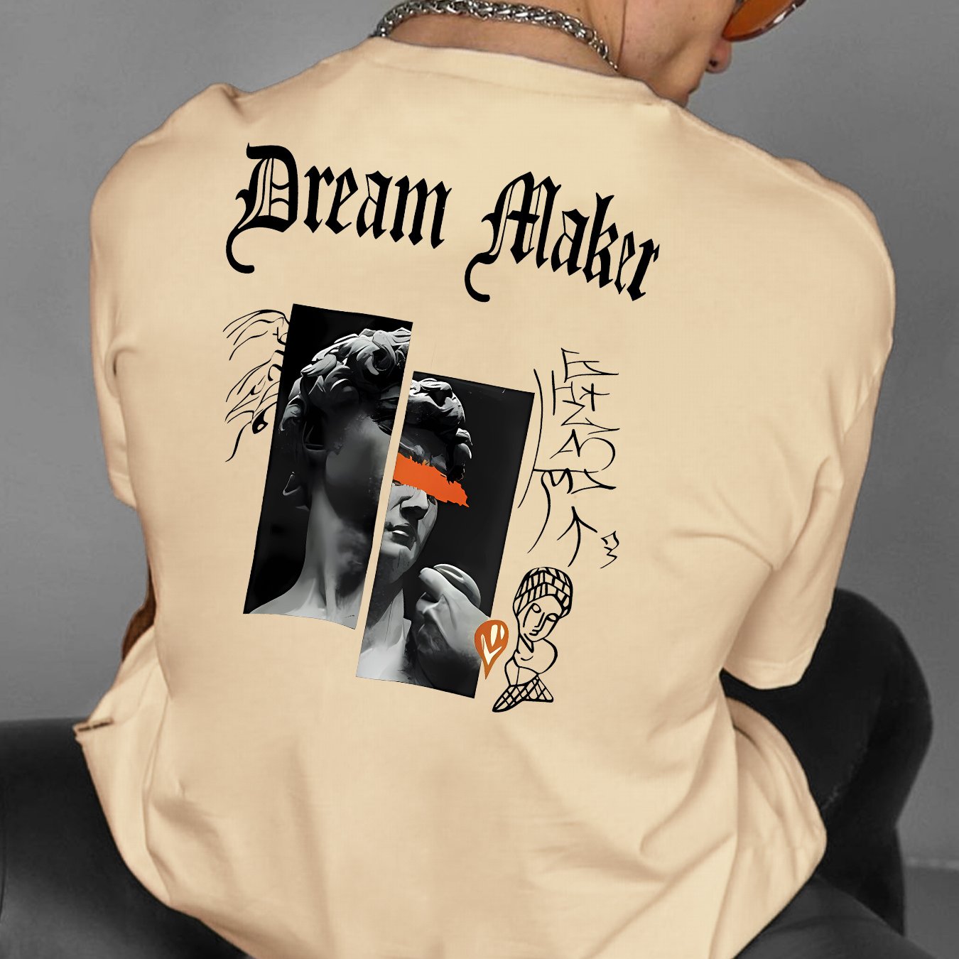 " Dream Maker "Creative Print Casual Novelty T-Shirt For Men, Short Sleeve Summer& Spring Top, Comfort Fit, Stylish Streetwear Crew Neck Tee For Daily Wear
