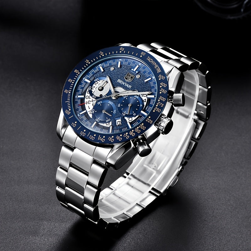 Benyar Chronograph Men's Watch - Analog Quartz Stylish Sports Wristwatch - Elegant Father's Day Gift
