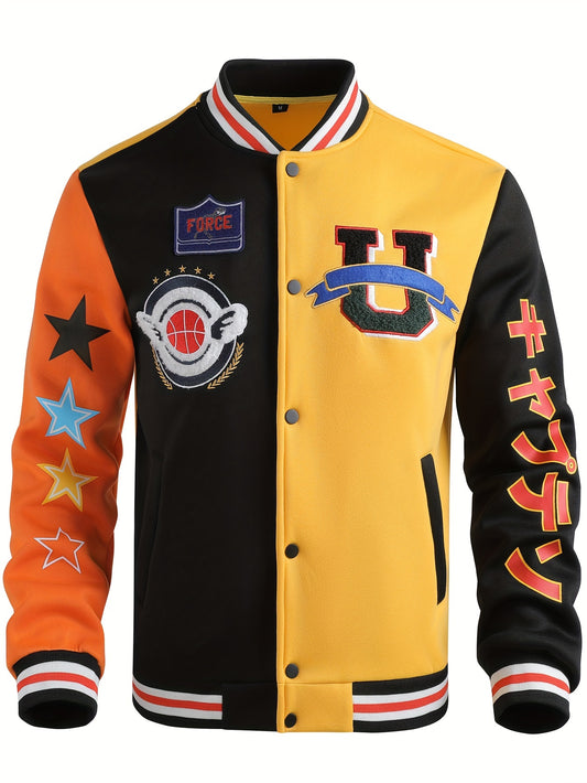 Men's Casual Letter Print Embroidered Color Block Street Style Outdoor Sports Baseball Jacket with Knitted Fabric, Long Sleeve, Baseball Collar, Single Button Closure, and Pocket Details