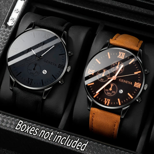 2-Piece Luxury Men's Leather Strap Quartz Watch Set with Calendar - Perfect Gift for School, Graduation, or Any Occasion - PU Leather Strap, Non-Waterproof, Analog Display, Alloy Case