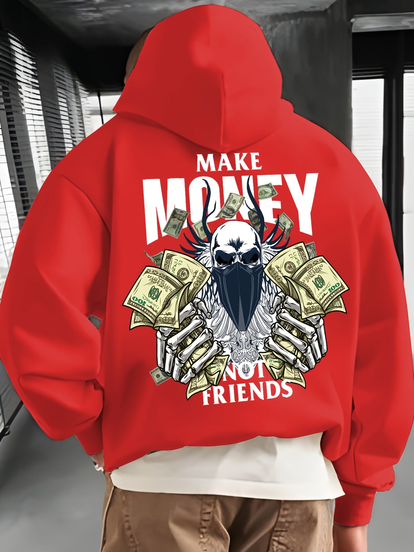 MAKE MONEY NOT FRIENDS Print Kangaroo Pocket Hoodie, Casual Long Sleeve Hoodies Pullover Sweatshirt, Men's Clothing, For Fall Winter
