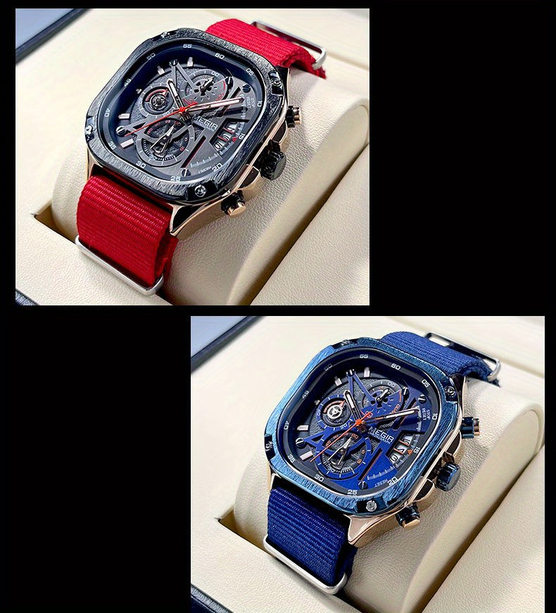 MEGIR Black Quartz Watch Men Square Dial Wristwatch with Chronograph Stainless Steel Strap Luminous Hands Auto Date