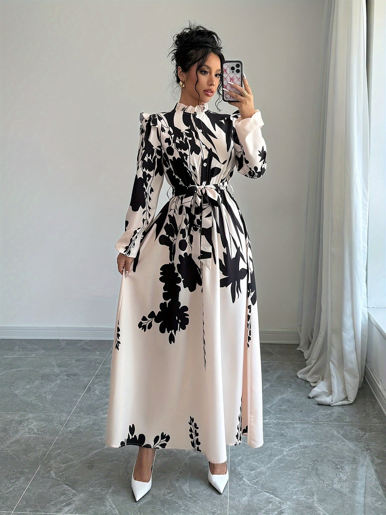 [1pc Floral Print A-Line Dress] 1pc Women'S Floral Print A-Line Dress with Waist Cinching, Polyester Fiber, Classic Collar, Autumn/Winter Season, 120g/m² Fabric Weight, 50g/m² Lining