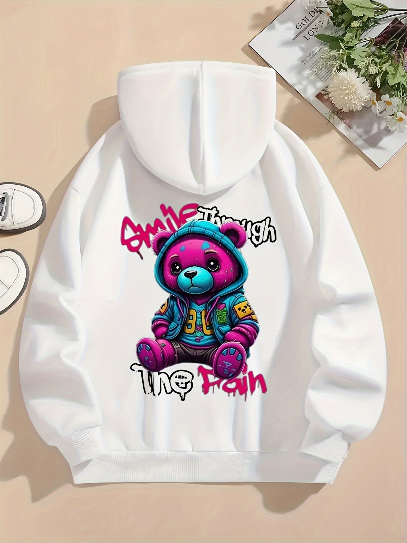 Women's Casual Graphic Teddy Bear Hoodie - Stylish Black Pullover with Colorful Design, Drawstring Hood, Long Sleeves, Machine Washable, Polyester - Perfect for Fall & Winter