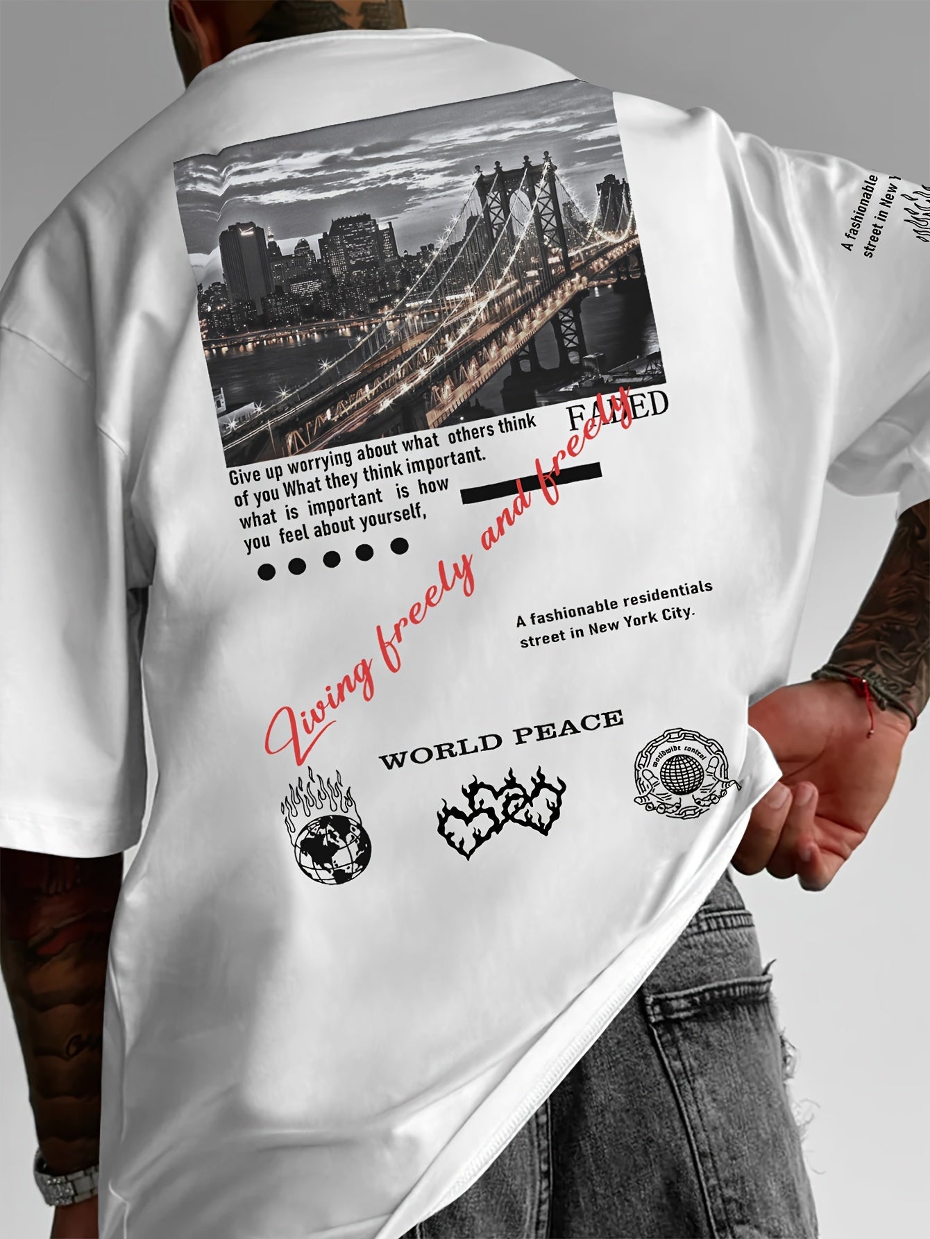 Men'S Fashion Graphic Print T-Shirt, Casual Loose Fit, Polyester Crew Neck Tee with Slight Stretch, with Inspirational Quotes and Peace Symbol, for Summer Knit Fabric Top