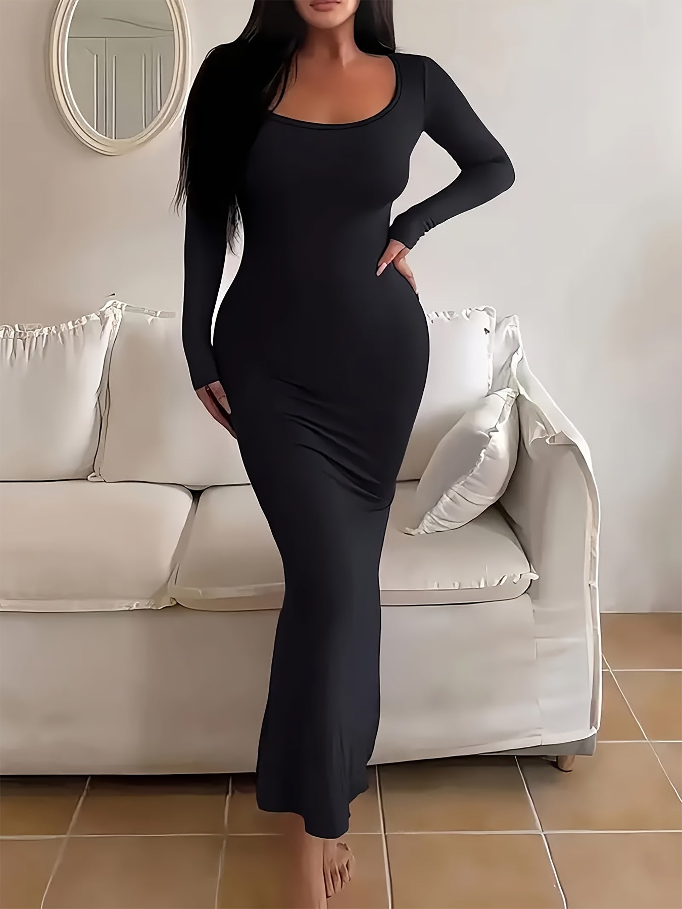 Solid Color Square Neck Dress, Sexy Long Sleeve Bodycon Ankle Length Dress For Spring & Fall, Women's Clothing
