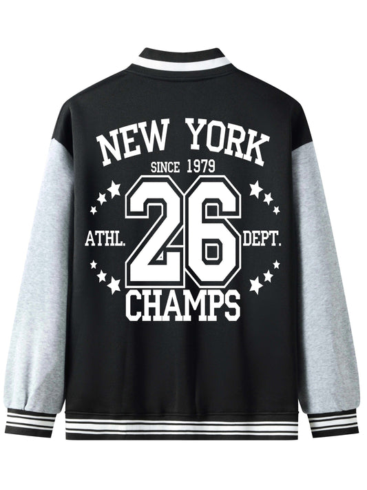 New York 26 Print Men's Fashion Trend Loose Casual Baseball Uniform Jacket, Suitable For Outdoor And Dating For Spring And Autumn