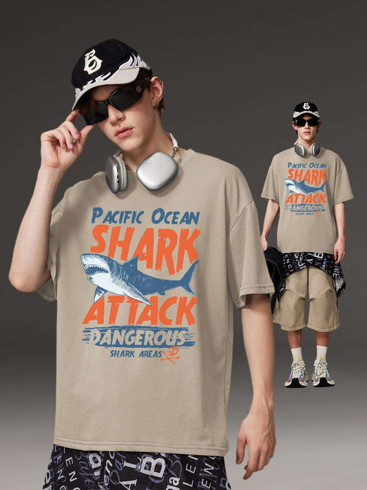 Shark Graphic Tee Shirts Man Cotton Kpop Clothing Harajuku Streetwear Unisex T-shirts Short Sleeve Male Tops Oversized