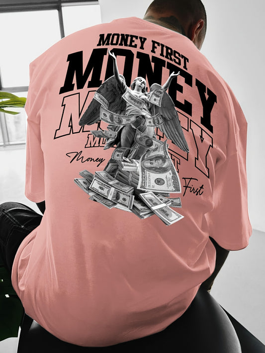 Men'S Street Style Money Graphic T-Shirt - 100% Polyester Crew Neck Loose Fit Short Sleeve Tee with Geometric Pattern and Money Goddess Statue Print - Breathable Knit Fabric with Slight Stretch for Summer