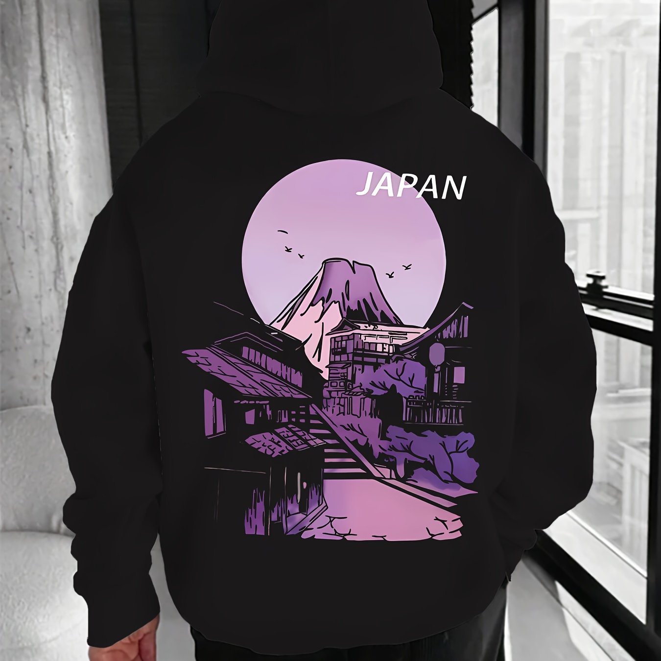 JAPAN Village Scene Printed Men's Stylish Pullover Hoodie, Autumn Winter Hooded Sweatshirt, Soft Fabric, Regular Fit