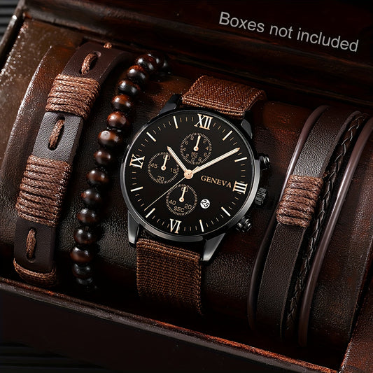 Middle East, Ramadan Men Watch 1pcs Men's Black Nylon Strap Casual Industrial Style Round Dial Calendar Pointer Quartz Watch And 3pcs Bracelets Watch for Men Suitable for Men Party Birthday Wear Or As Brother The Best Gift fo