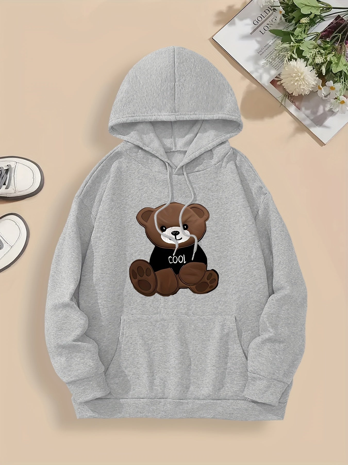 Women'S Cartoon Bear Print Hoodie, Soft Stretch Polyester Pullover with Pocket, Casual Regular Fit, All-Season Beachwear, Knitted with Hood, Autumn/Winter Fashion Sweatshirt