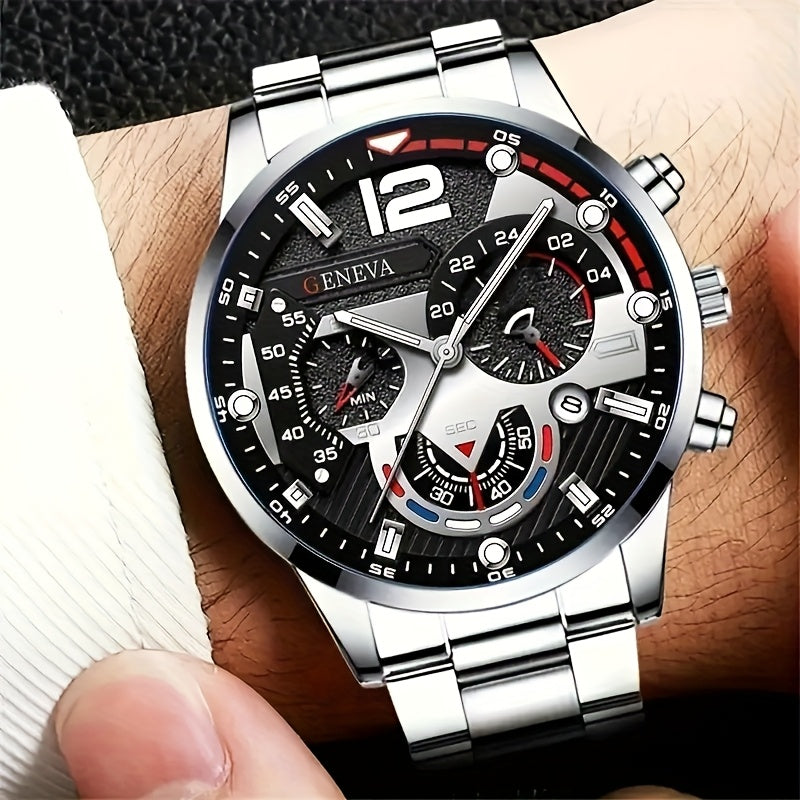 Men's 8pcs luxury gift set: stainless steel quartz watch with calendar, Golden arrow necklace, bracelet and ring - perfect business casual accessories for Valentine's Day, New Year, Easter, Ramadan, birthday, Christmas, Hallo