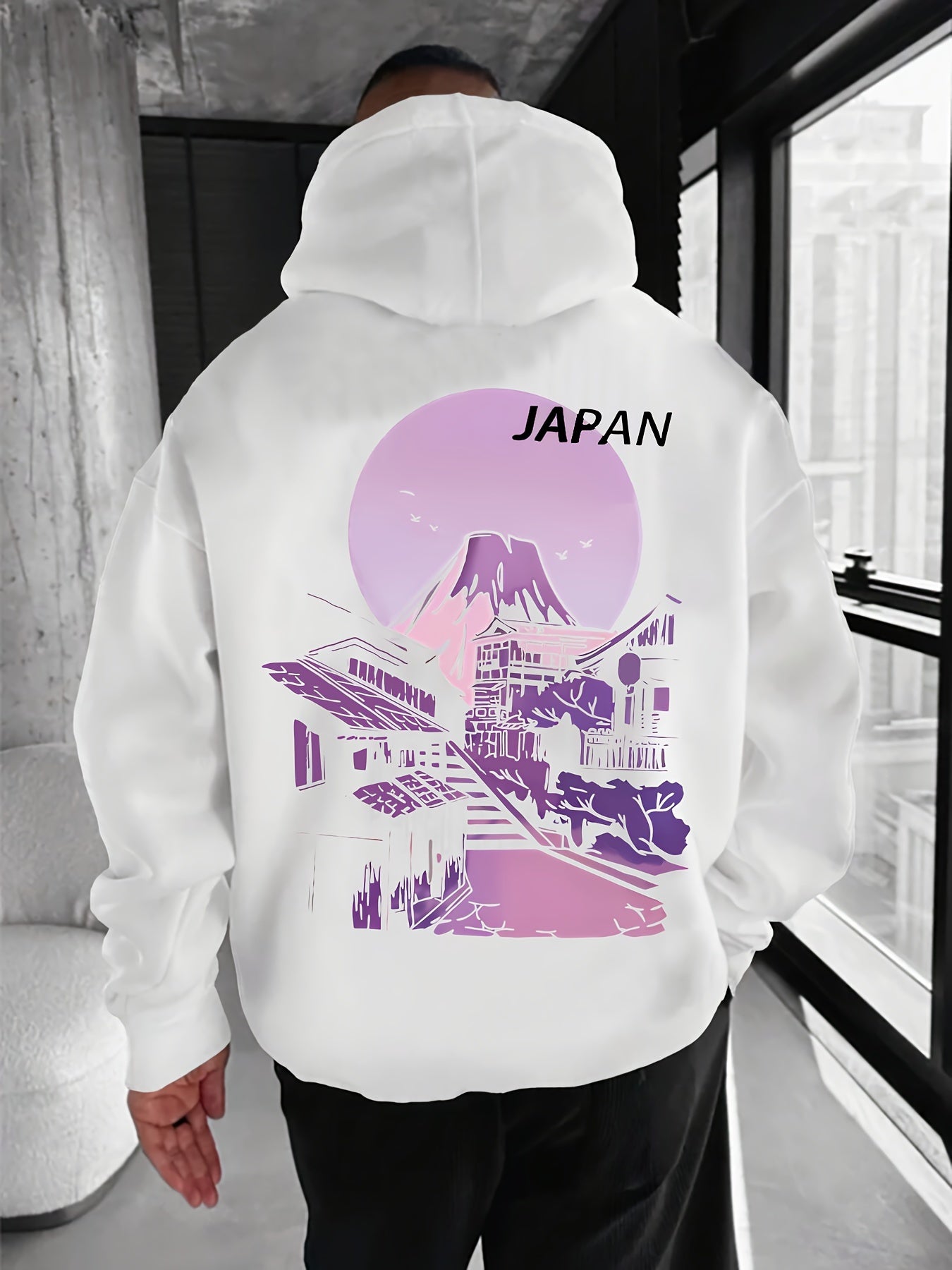 JAPAN Village Scene Printed Men's Stylish Pullover Hoodie, Autumn Winter Hooded Sweatshirt, Soft Fabric, Regular Fit