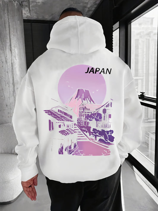 JAPAN Village Scene Printed Men's Stylish Pullover Hoodie, Autumn Winter Hooded Sweatshirt, Soft Fabric, Regular Fit
