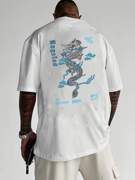 Dragon Print Men's Short Sleeve T-Shirts, Comfy Casual Elastic Crew Neck Tops for Men's Outdoor Activities