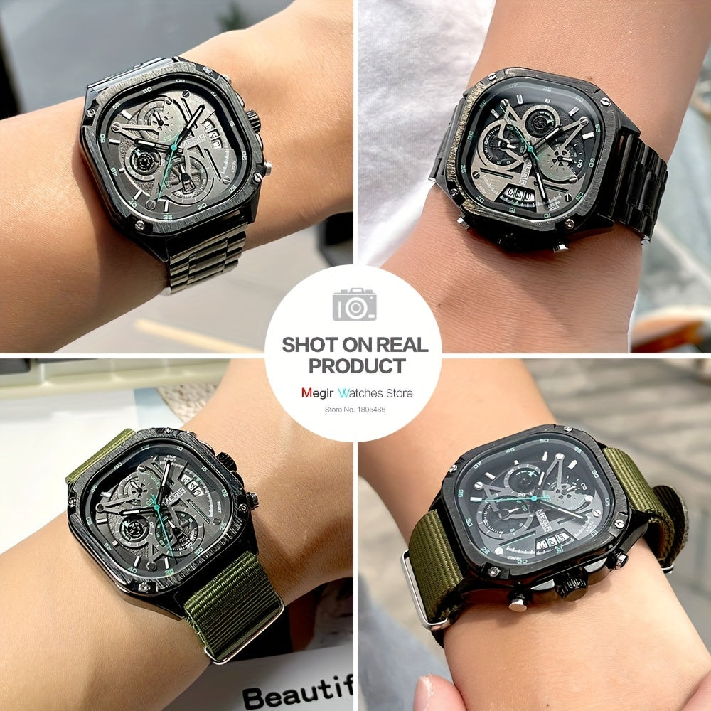 MEGIR Black Quartz Watch Men Square Dial Wristwatch with Chronograph Stainless Steel Strap Luminous Hands Auto Date