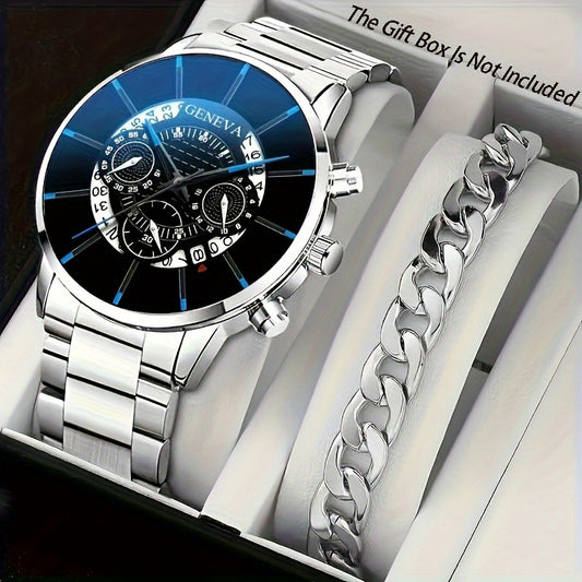 2pcs/set Exquisite Men's Quartz Timepieces And Fashionable Stainless Steel Watch Chains - Fashionable, Durable, - Perfect Gift For Valentine's Day, Father's Day For Dad Or Boyfriend