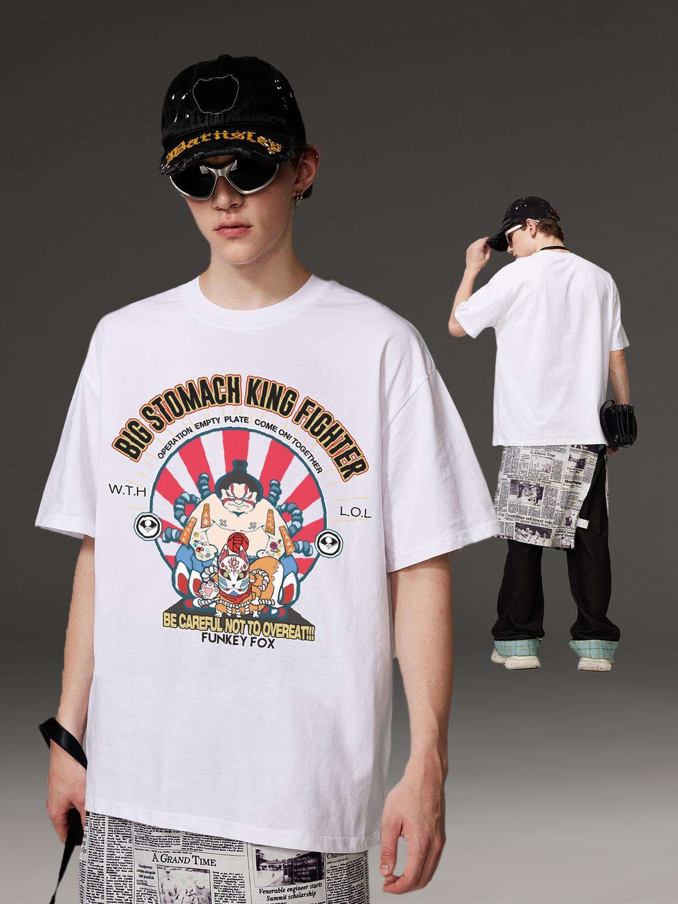 PRIVATHINKER Men's "Big Shomach King Fighter" Graphic Tee - 100% Cotton, Oversized Harajuku Y2K Style, Casual Crew Neck Short Sleeve T-Shirt with Vibrant Cartoon Print, Perfect for Summer Wear