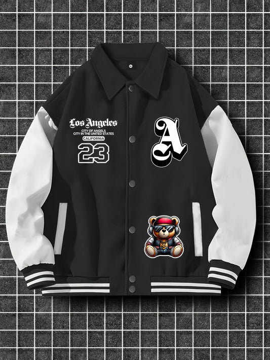 Men'S Casual Polyester Lightweight Jacket, American Streetwear Baseball Style with Random Print, Collar, Pockets, Regular Fit, Knit Fabric