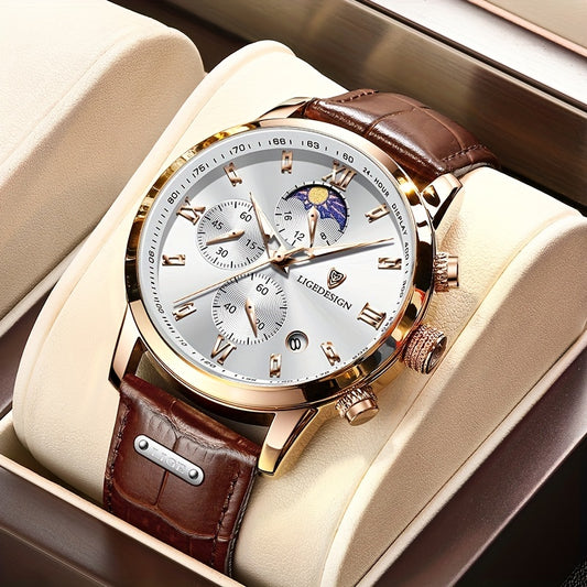 [LIGE Luxury Men Watch] LIGE Luxury Men Watch - PU Leather Chronograph Sport Quartz Wristwatch for Men - Christmas Gift