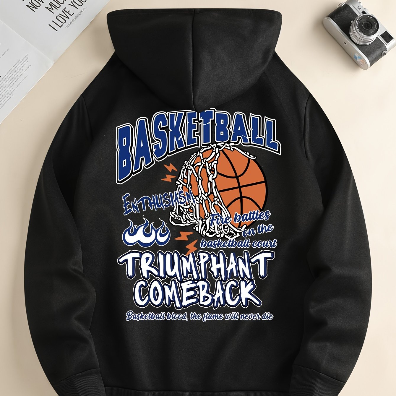 Basketball Print Kangaroo Pocket Hoodie, Casual Long Sleeve Hoodies Sweatshirt, Men's Clothing, For Fall Winter