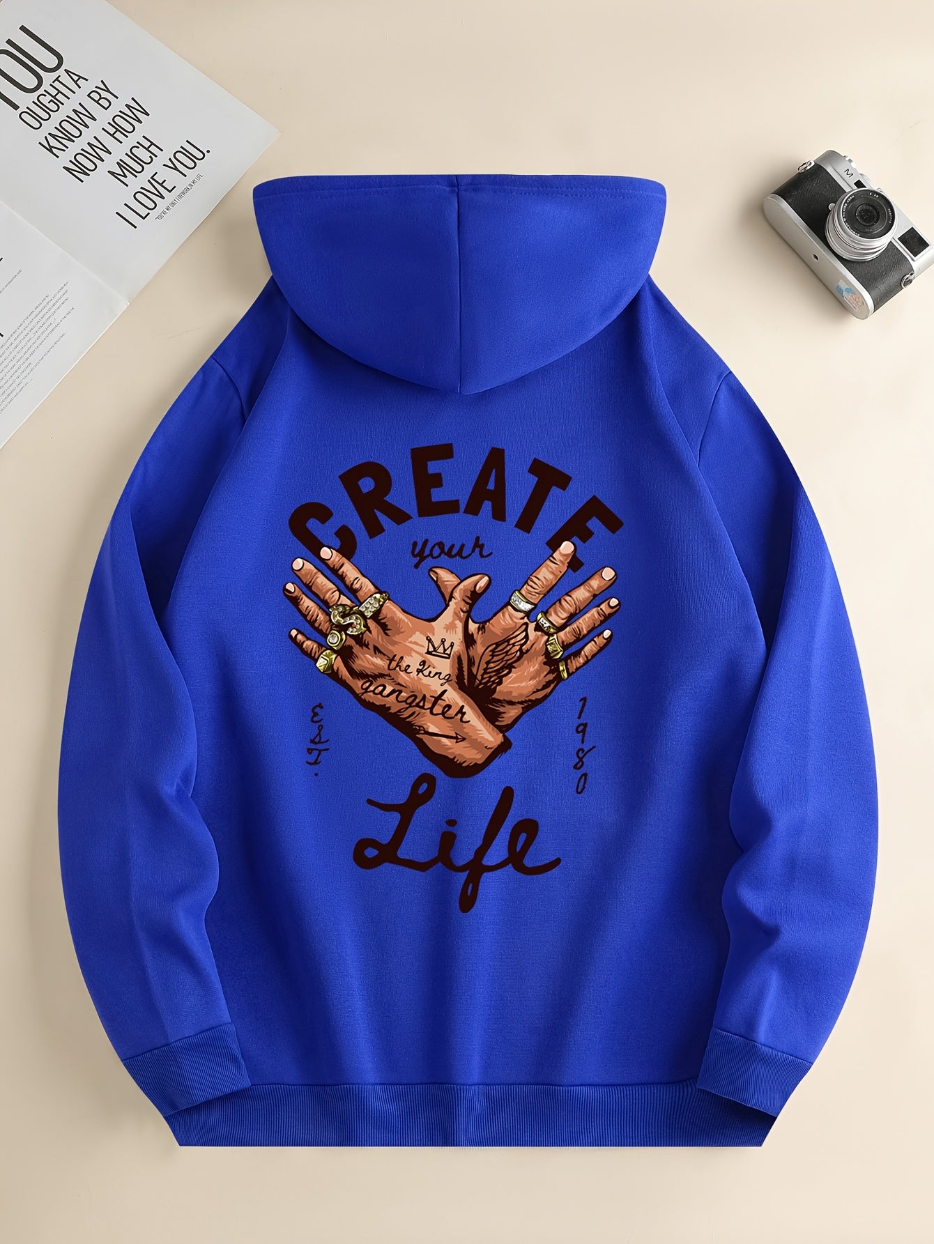1pc Men'S Casual Street Gang Gesture Print Hoodie, Polyester Knit Fabric with Slight Stretch, Regular Fit Hooded Sweatshirt with Drawstring and Kangaroo Pocket, All-Season Top