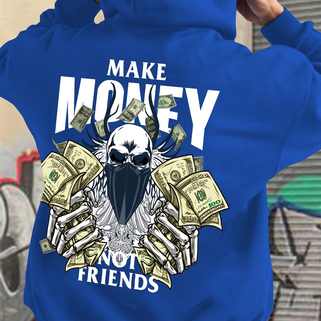 MAKE MONEY NOT FRIENDS Print Kangaroo Pocket Hoodie, Casual Long Sleeve Hoodies Pullover Sweatshirt, Men's Clothing, For Fall Winter