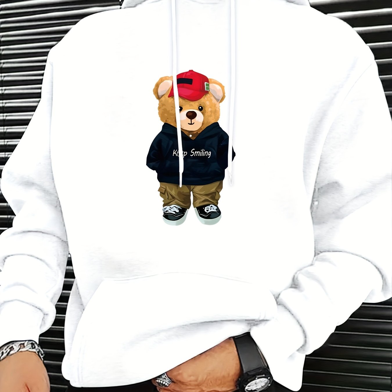 MBDMBD Unisex Trendy Bear Graphic Hoodie, Casual Polyester Knit Fabric with Slight Stretch, Loose Fit, Hooded Pullover Sweatshirt for Fall/Winter