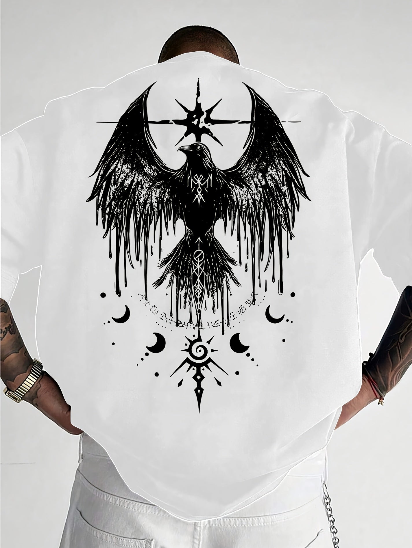 Men'S Raven Totem Print T-Shirt, 100% Polyester, Street Style, Loose Fit, Crew Neck, Slight Stretch Knit Fabric, Animal Pattern, for Summer
