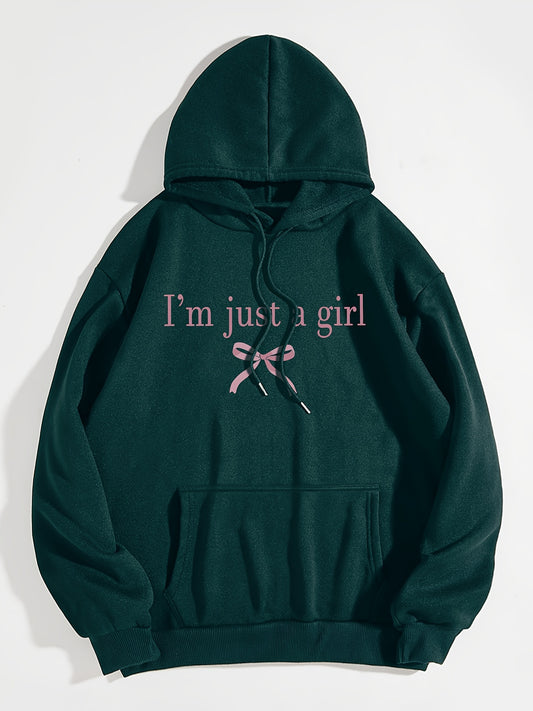 Women'S Casual Letter & Bow Print Hoodie, Polyester Stretch Fabric, Regular Fit with Kangaroo Pocket, Fashionable Pullover Sweatshirt for Adults, Winter Knitwear