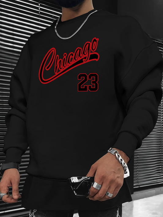 CHICAGO Print Men's Pullover Sweatshirt, Casual Streetwear Fashion Long Sleeve Crew Neck Sweater, Basic Top For Sports & Daily Wear