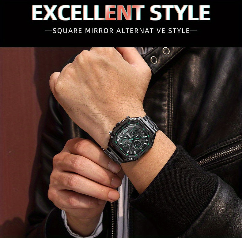 MEGIR Black Quartz Watch Men Square Dial Wristwatch with Chronograph Stainless Steel Strap Luminous Hands Auto Date