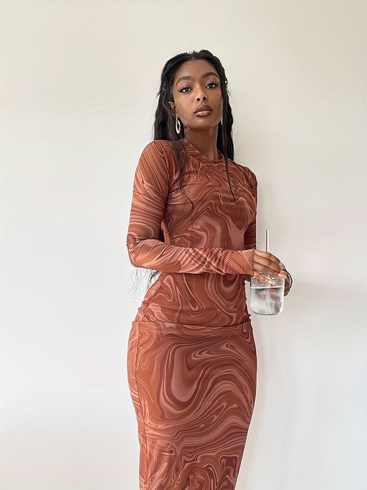Abstract Ripple Print Dress, Sexy Mock Neck Long Sleeve Dress, Women's Clothing