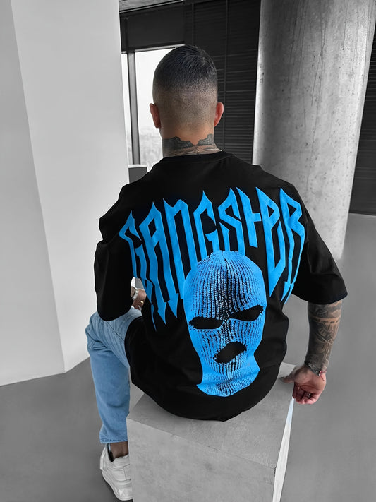 Head Covering Gangster Graphic Print, Men's Trendy Casual Crew Neck Short Sleeves Loose T-shirt, Comfy Outdoor Top  For Summer and Spring