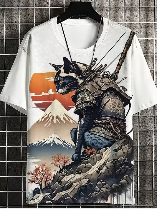 Men'S Japanese Samurai Cat Graphic T-Shirt, 3D Printed Casual Crew Neck Tee, Polyester 100% Short Sleeve Knit Fabric, Summer Outdoor Oversized Top, Regular Fit - 175gsm