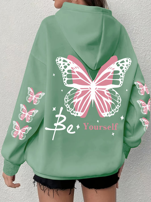 Plus Size Butterfly Print Drawstring Hoodie, Casual Long Sleeve Kangaroo Pocket Hooded Sweatshirt For Fall & Winter, Women's Plus Size Clothing