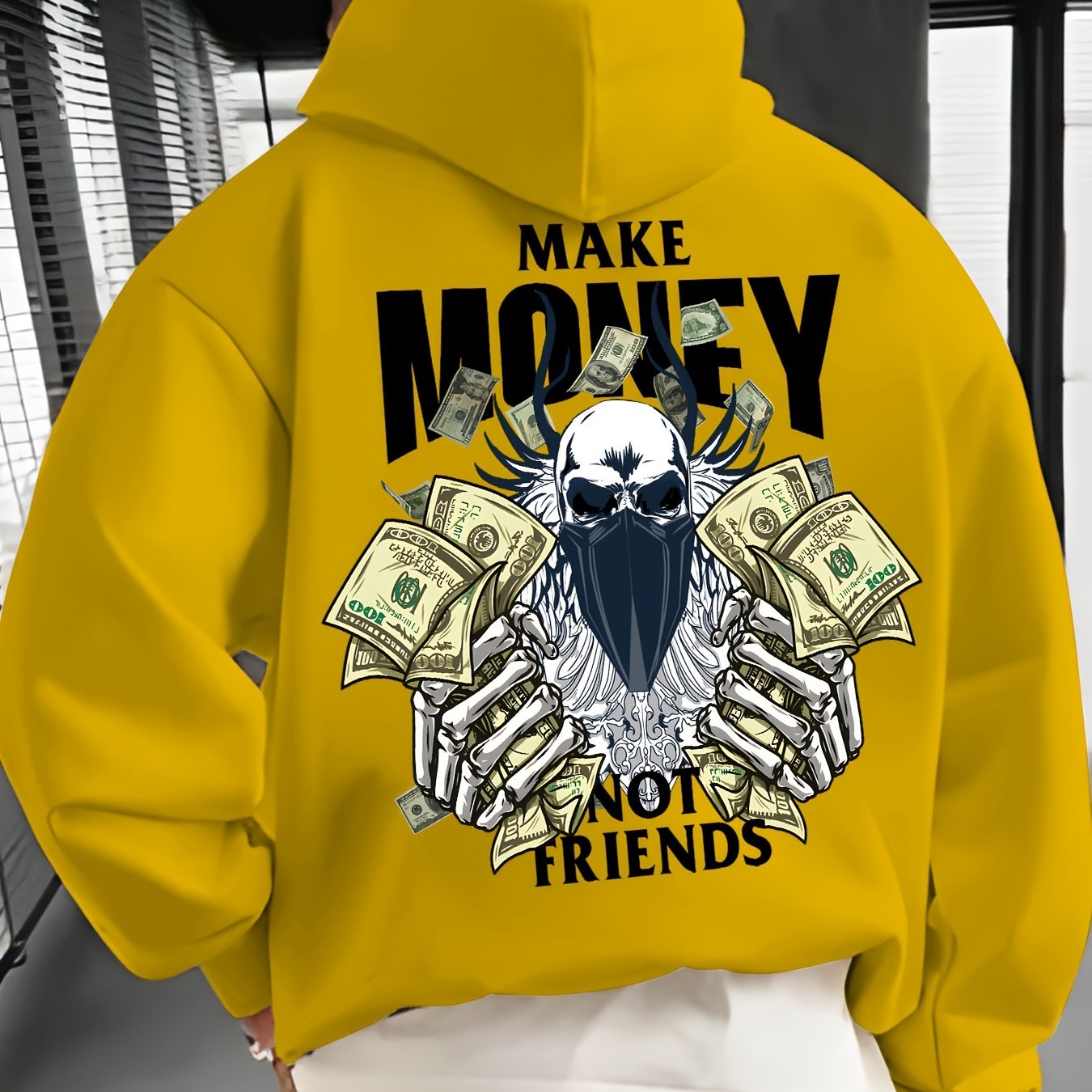 MAKE MONEY NOT FRIENDS Print Kangaroo Pocket Hoodie, Casual Long Sleeve Hoodies Pullover Sweatshirt, Men's Clothing, For Fall Winter