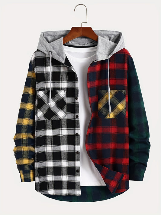 Casual Plaid Hoodie for Men - 100% Polyester Hooded Sweatshirt with Drawstring and Pocket Detail, Non-Stretch Woven Fabric, Perfect for Spring/Fall