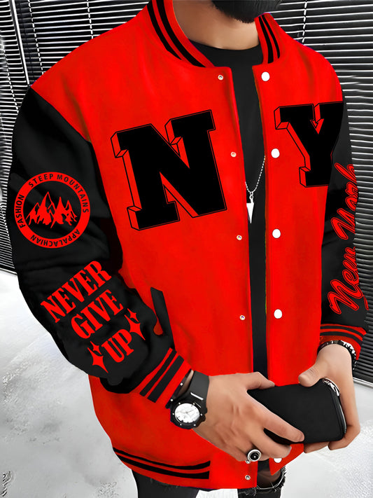New York NY Men'S Baseball Jacket, Preppy Style Polyester Varsity Jacket, Regular Fit Knit Fabric, with Slight Stretch, Alphabet Pattern, Baseball Collar, Snap Closure, Pocket Detail, Unlined