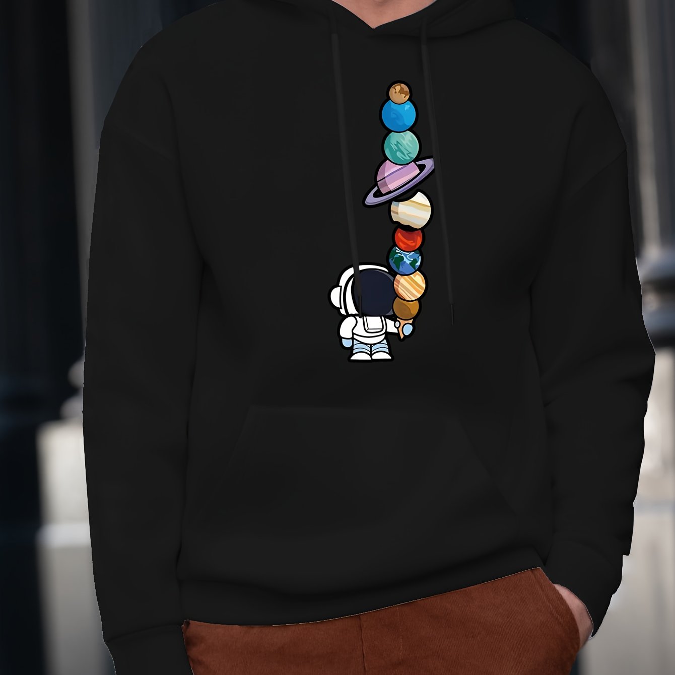 Astronaut And Planets Pattern Print Hooded Sweatshirt, Hoodies Fashion Casual Tops For Spring Autumn, Men's Clothing