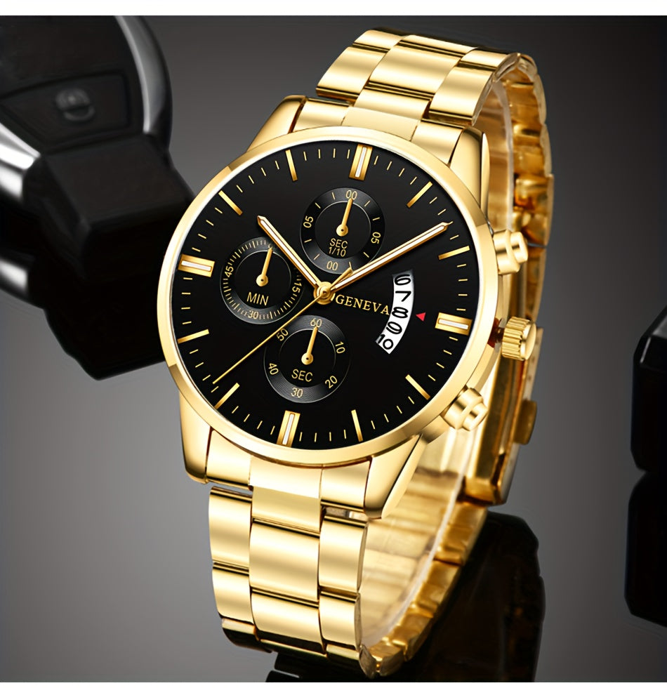2PCS Fashion Mens Bracelet Watches Set Men Business Stainless Steel Quartz Watch Male Calendar Date Wristwatch