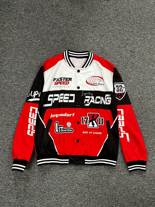 Men's Casual Racing Design Button Bomber Jacket, Polyester Baseball Collar Jacket
