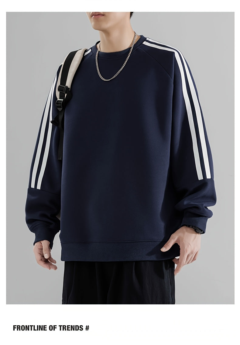 Men'S Casual Crew Neck Hoodie, 100% Polyester Knit Fabric, Solid Color with Side Stripes, Regular Fit, Non-Stretch, 250g/m² - Comfortable and Stylish for Street and Outdoor Activities