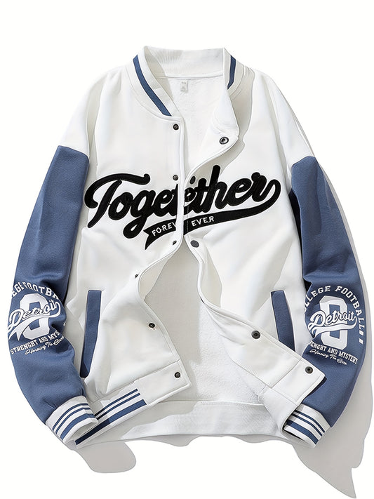 Men's "TOGETHER" Embroidered Varsity Jacket - Casual Color Block, Long Sleeve, Polyester, Snap Closure with Pockets, Perfect for Baseball & Casual Attire