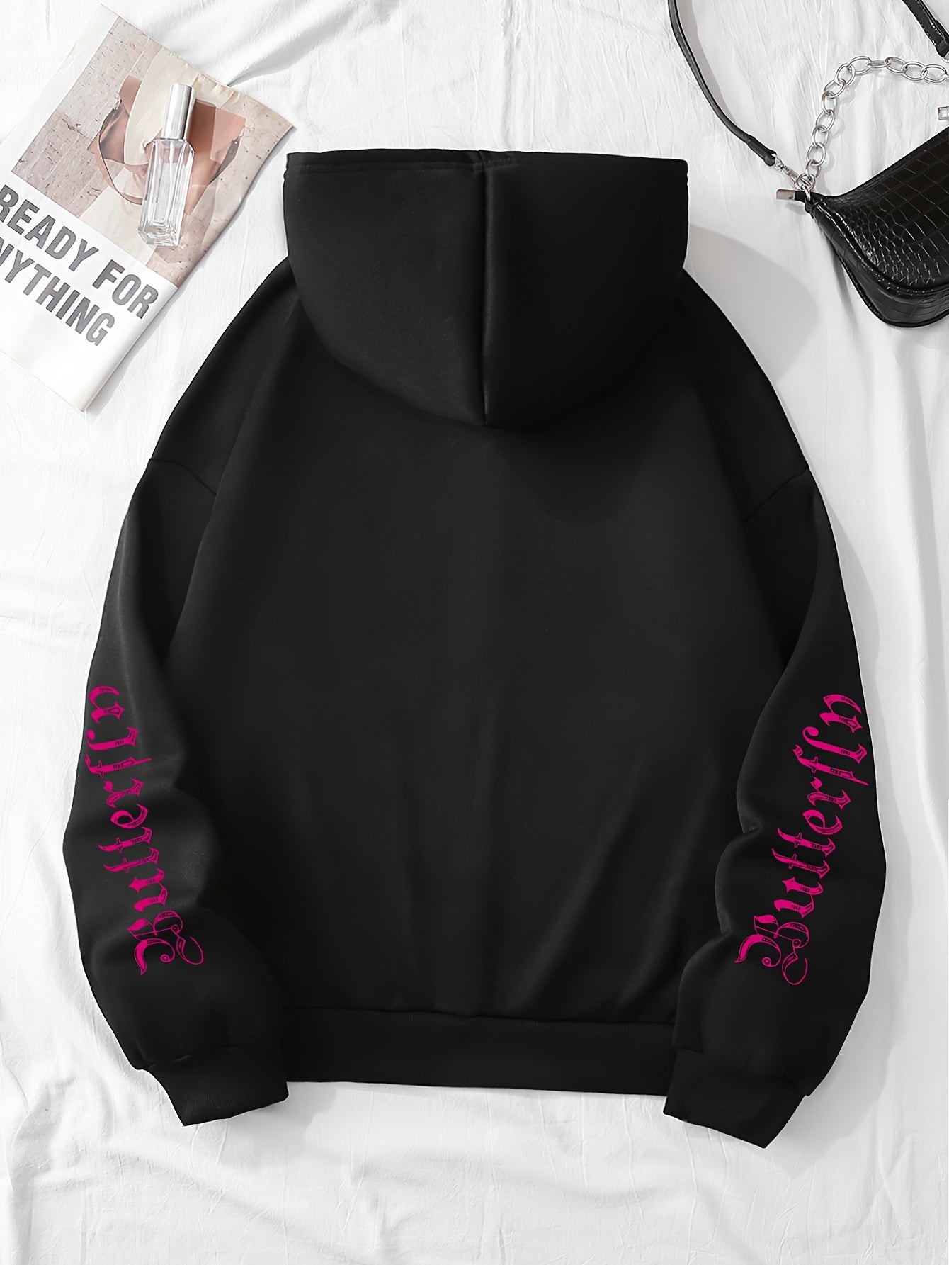 Butterfly Print Fleece Lined Sports Hooded Jacket, Long Sleeves Zipper Front Drawstring Casual Coat, Women's Activewear
